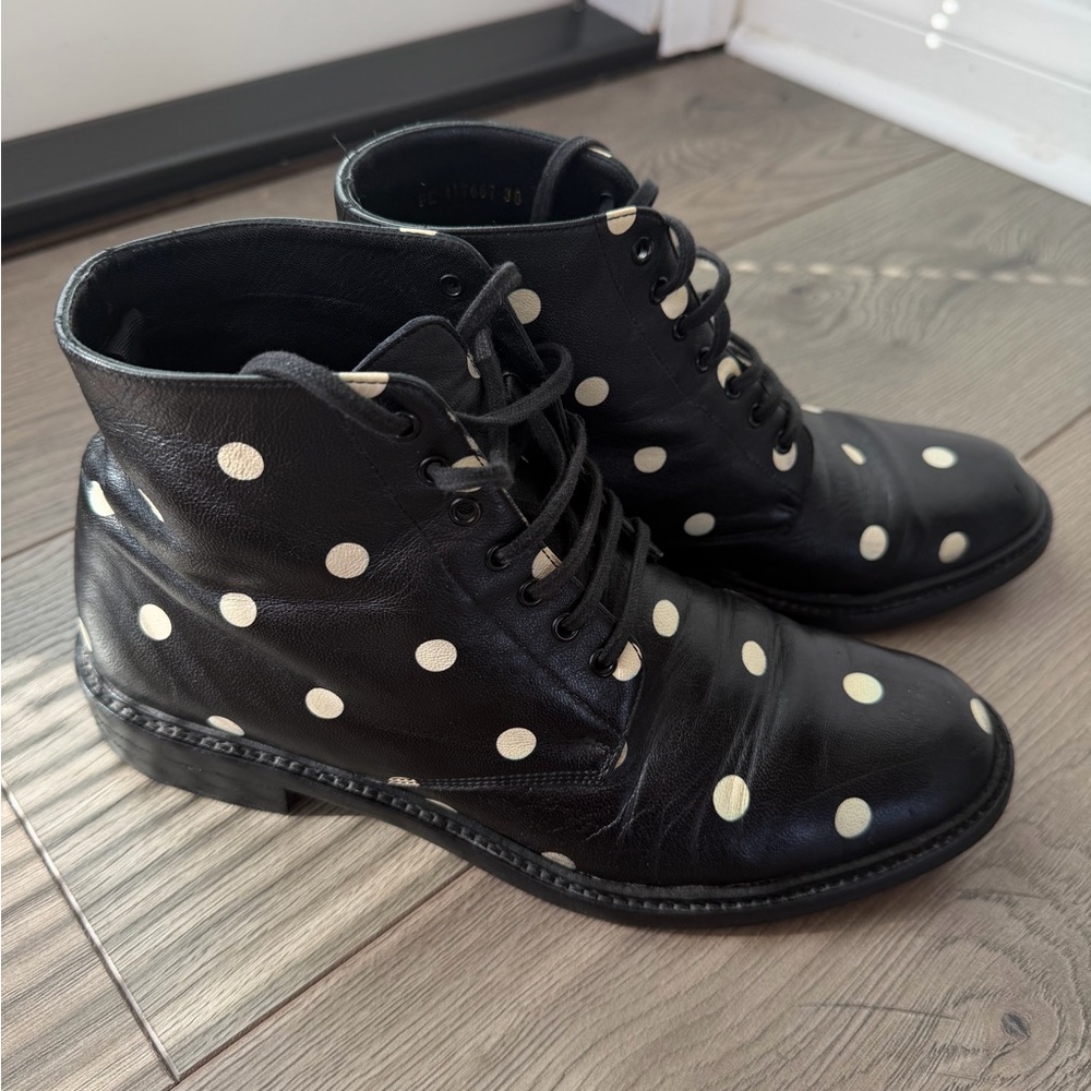Saint Laurent Black and White Polka Dot Lace-Up Boots